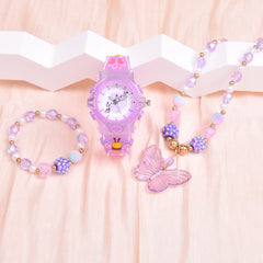 3pcs Butterfly Watch Set for Girls Pink Glow in Dark Quartz Wristwatch Necklace