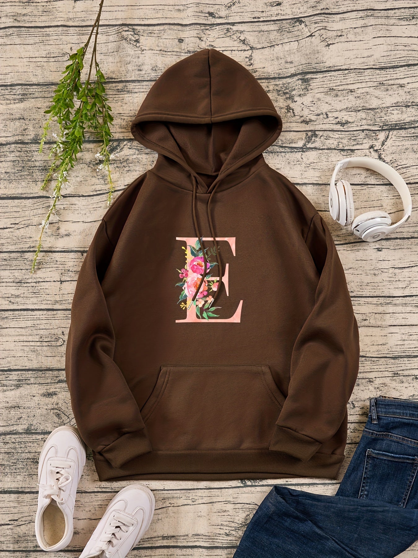 Flower & E Print Pullover Sweatshirt Drawstring Hoodies