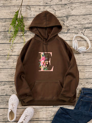 Flower & E Print Pullover Sweatshirt Drawstring Hoodies