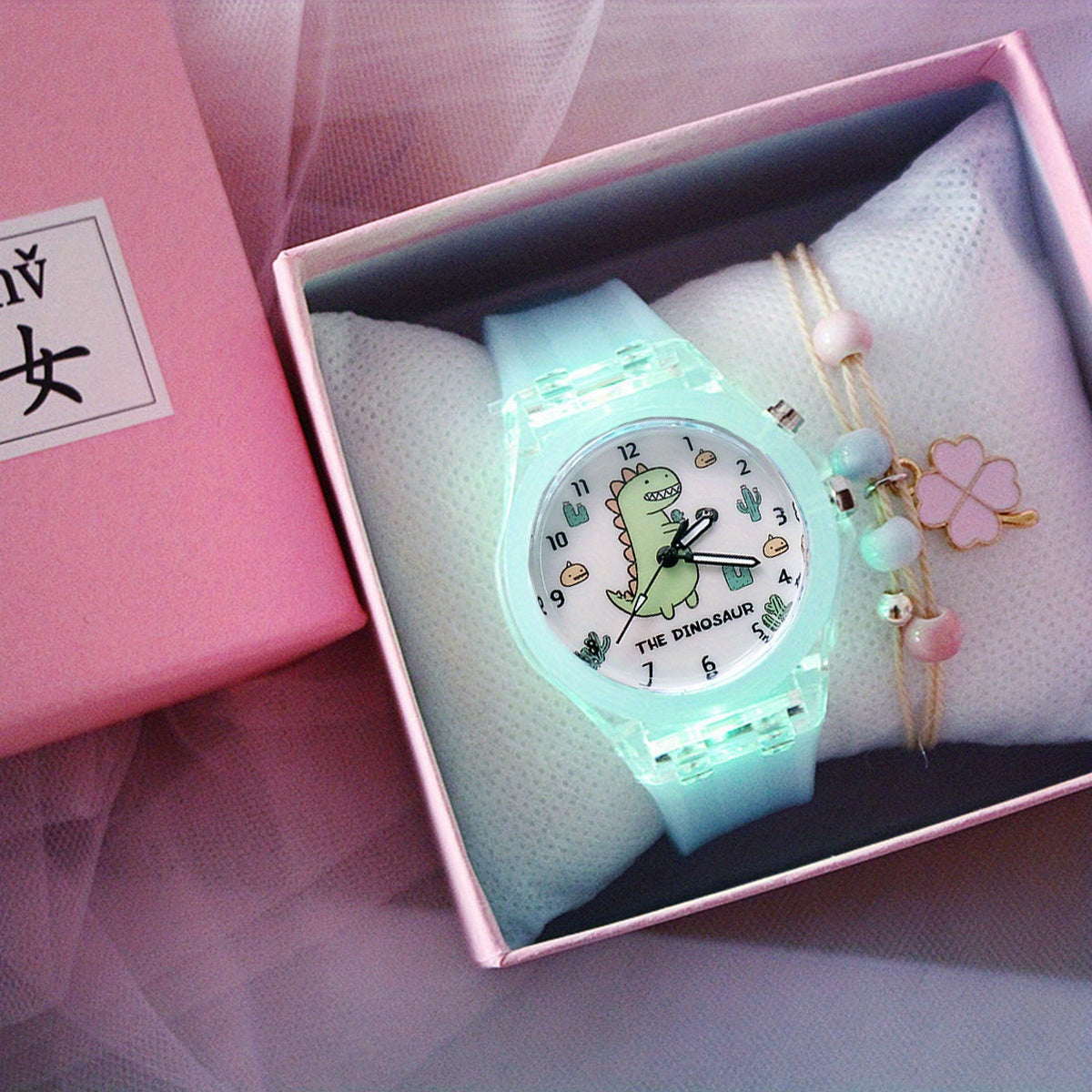 Colorful Glow Silicone Quartz Watch & Four leaf Clover Pendant