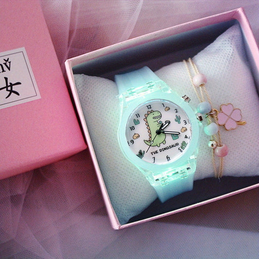 Colorful Glow Silicone Quartz Watch & Four leaf Clover Pendant