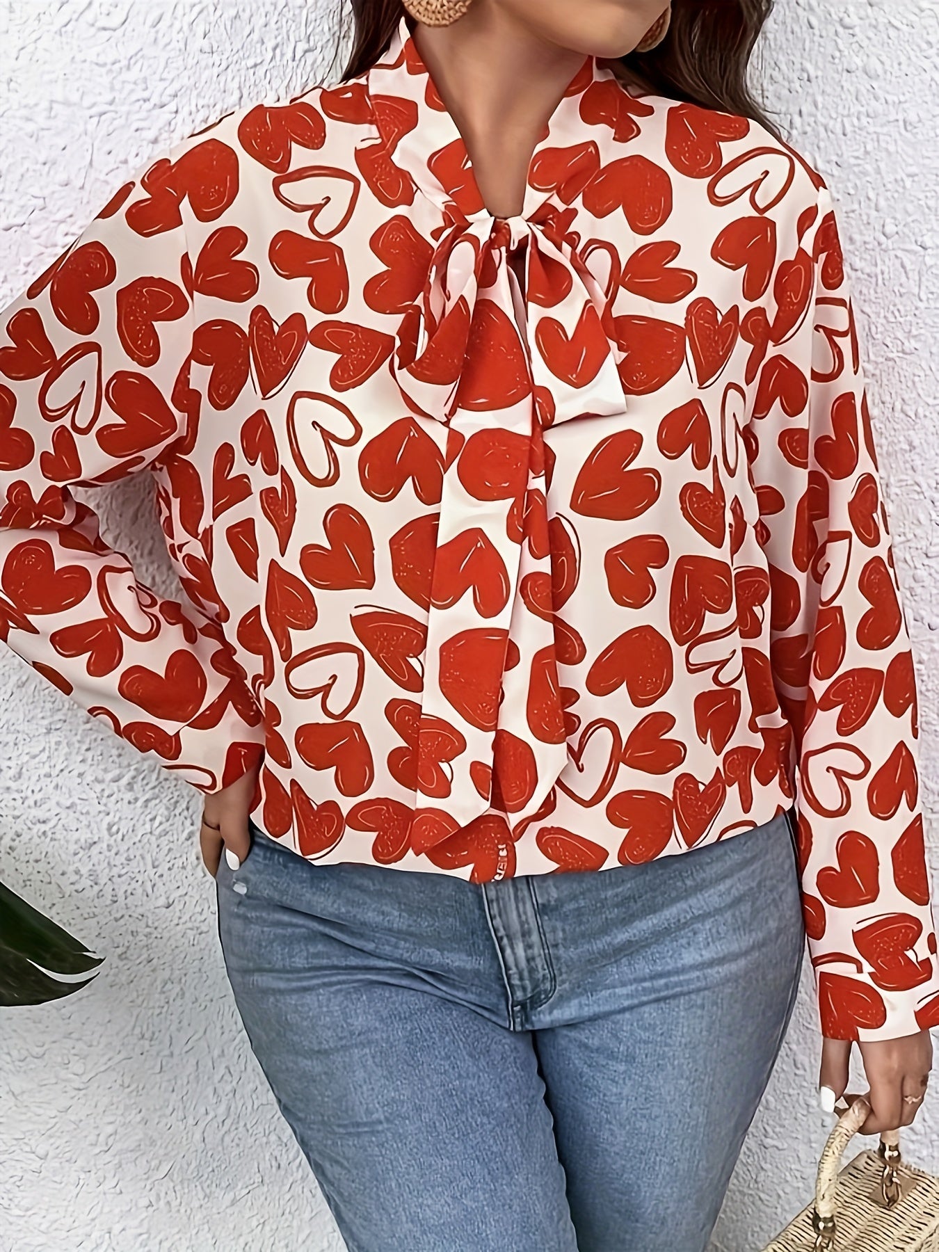 Casual Blouse Allover Heart Print Long Sleeve Bow Knot Tunic Top