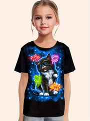 3D Kitty Print Short Sleeve T shirt Girls Comfy Pullover