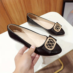 Women's Point Toe Slip On Metallic Buckle Decor Shoes