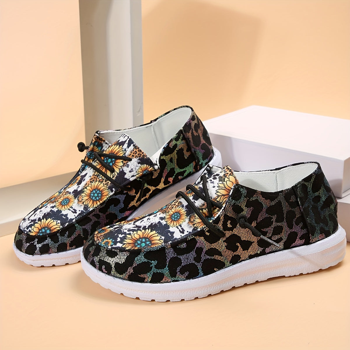 Sunflower & Leopard Print Women's Sneakers Lightweight Walking Shoes