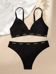 Letter Print Bra Set Triangle Cups Plunge Bra & Seamless Panties