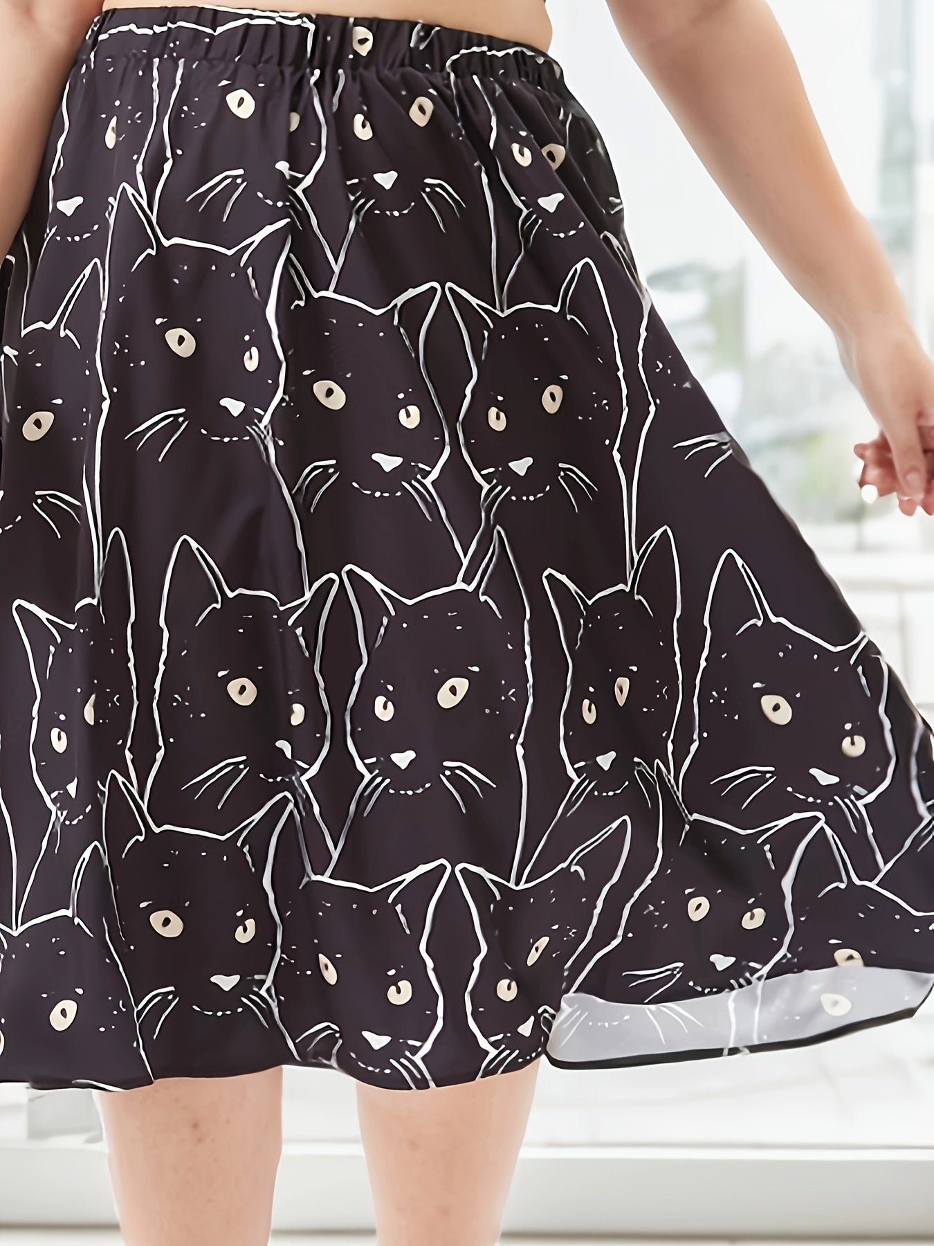 Allover Cat Print A Line Skirt, Elastic High Rise Knee Length