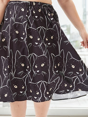 Allover Cat Print A Line Skirt, Elastic High Rise Knee Length