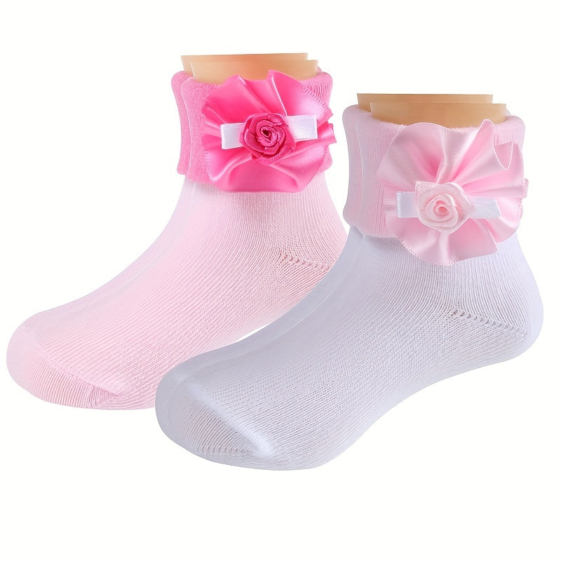 4 Pairs Girls Knit Ruffled Socks with Flower Decoration