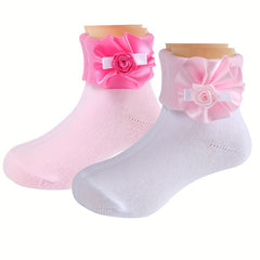 4 Pairs Girls Knit Ruffled Socks with Flower Decoration