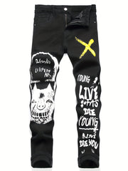 Letter Print Graphic Pattern Slim Fit Jeans Men's Casual Denim Pants