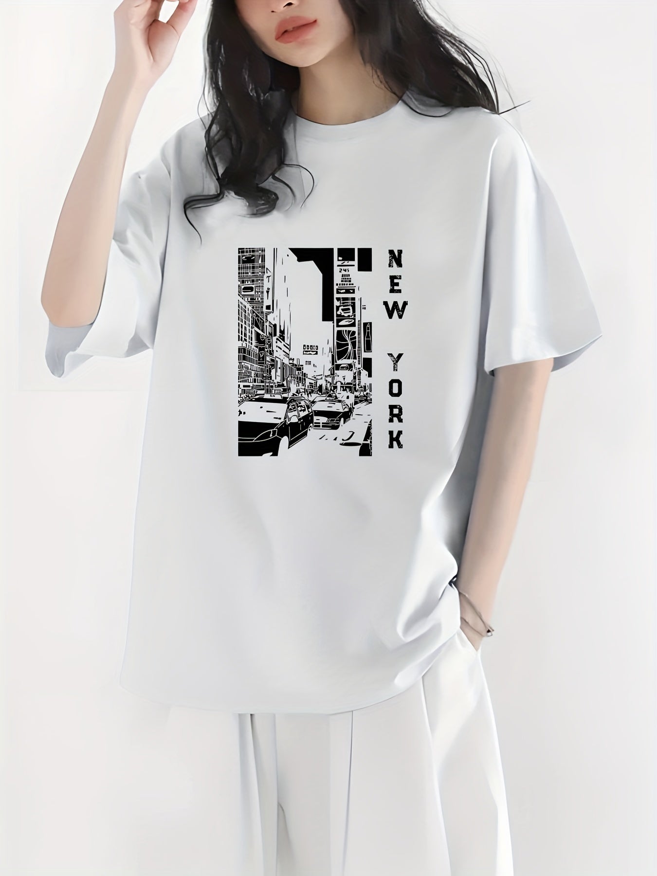 City View & York Letter Print Crew Neck Casual T Shirt