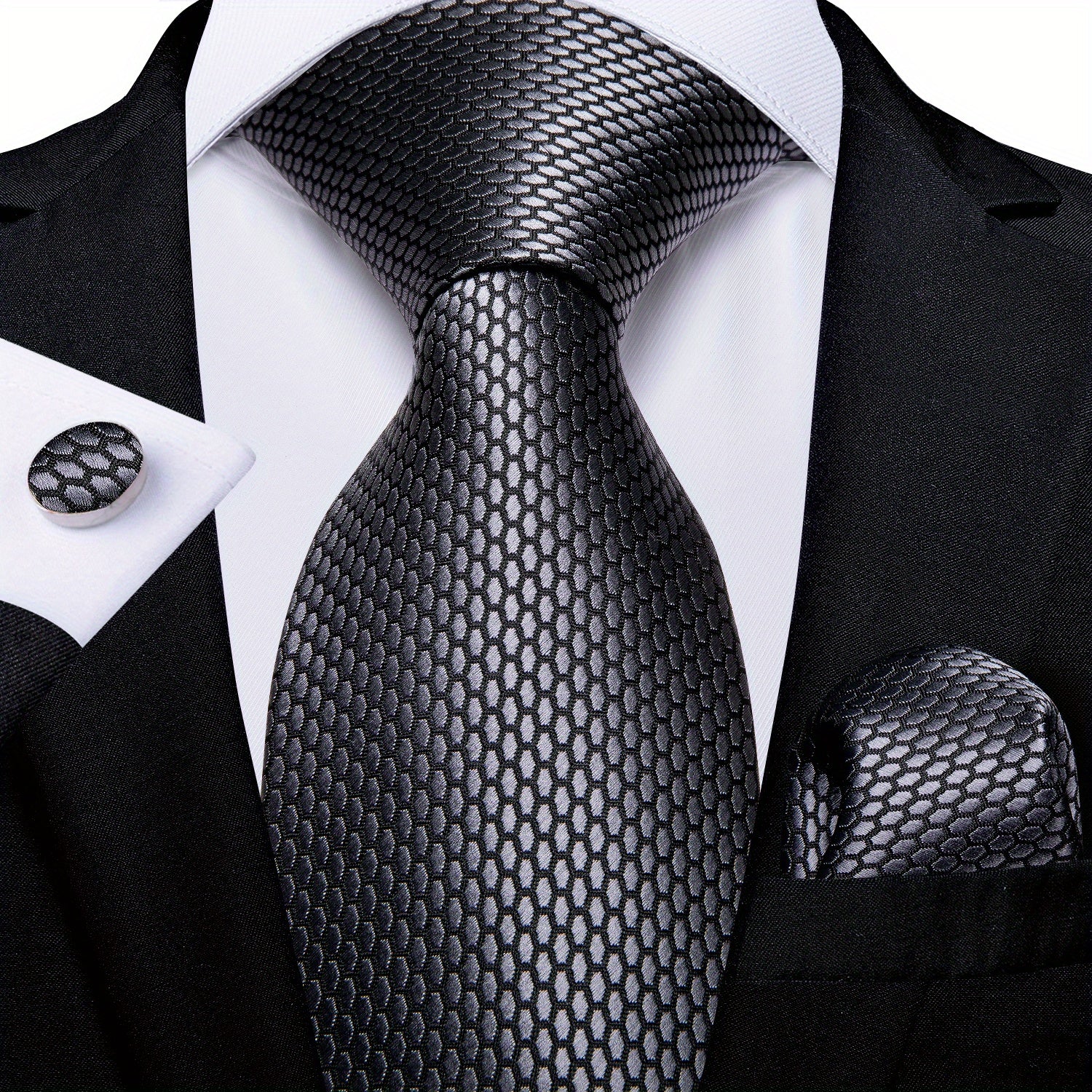 Grey Tie Set Necktie Handkerchief Cufflinks for Party Gift