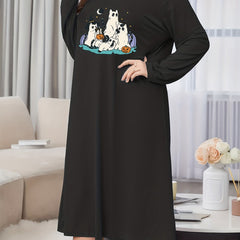 Halloween Lounge Dress Women's Witch Hat Cats Print Long Sleeve Night