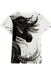 3D Horse Graphic Short Sleeve T shirt Boys Girls Western Style