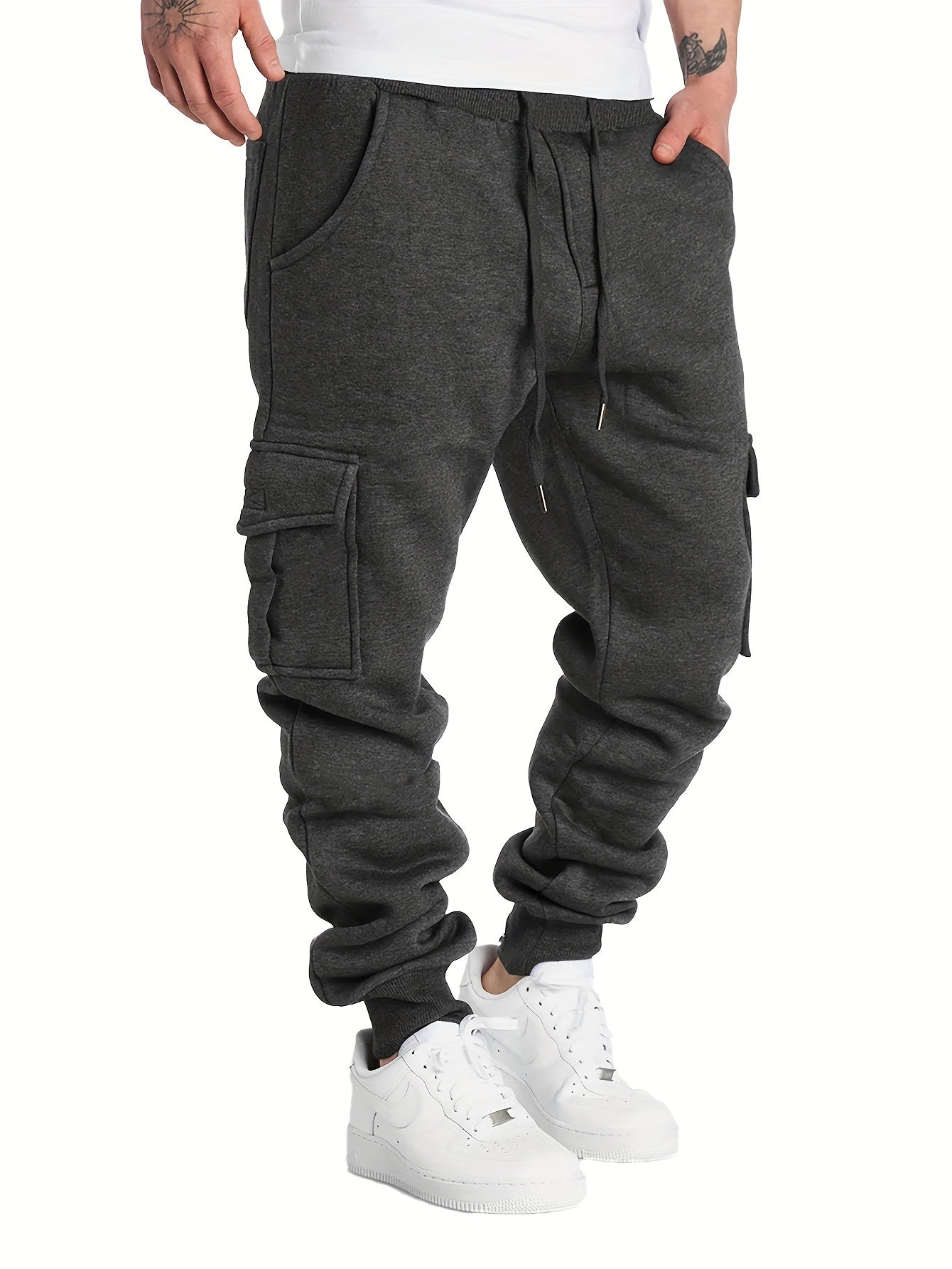 Men's Drawstring Fleece Cargo Pants Loose Jogger Pants