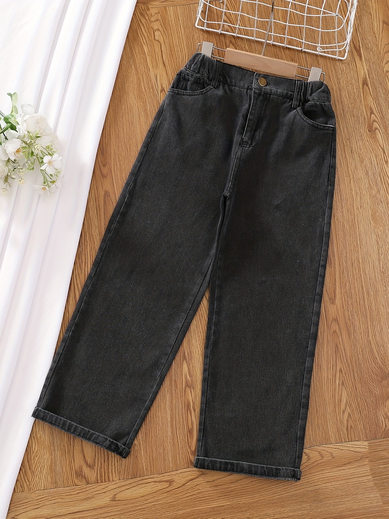 Girls' Graphic Wide Leg Jeans, Elastic Waist Denim Pants