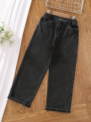 Girls' Graphic Wide Leg Jeans, Elastic Waist Denim Pants