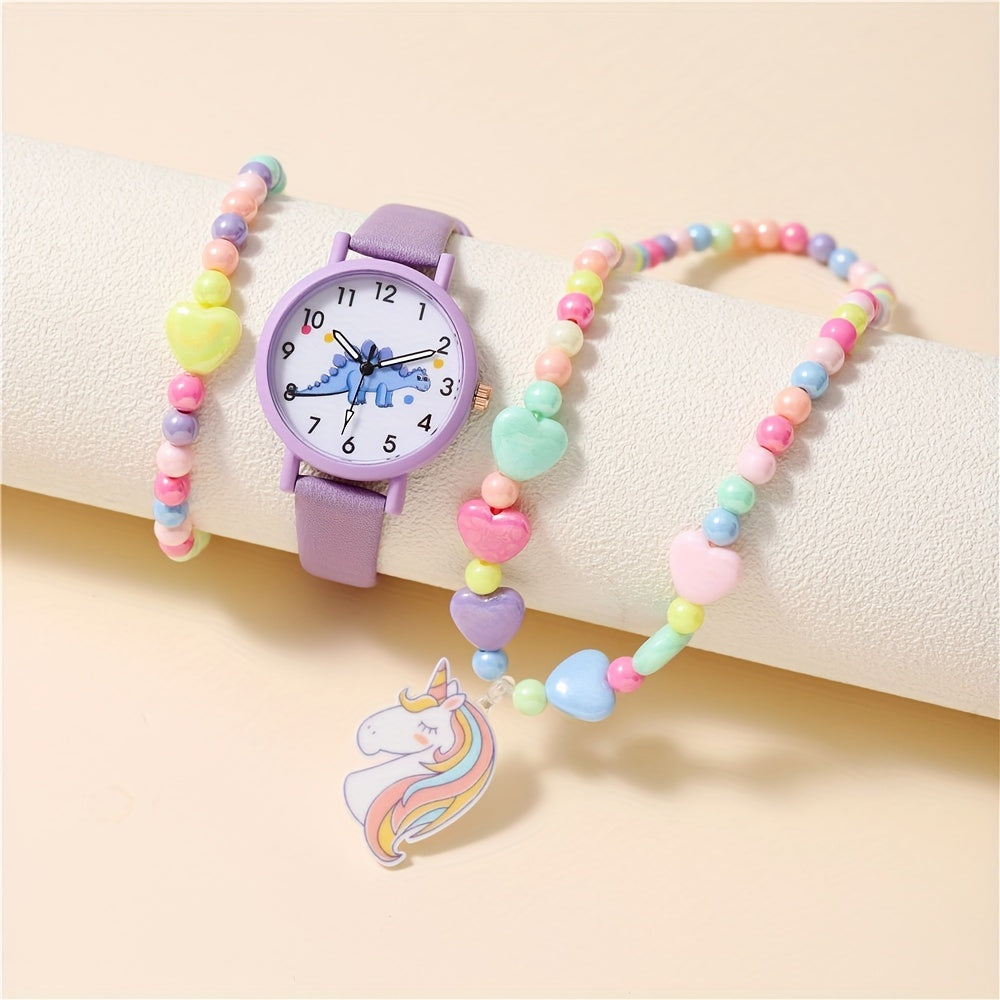 3pcs Set Dinosaur Pattern Kids Watch with Bracelet & Necklace