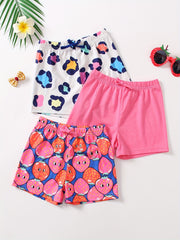 3pcs Girls' Bows Waist Casual Shorts Set For Sports Leisure
