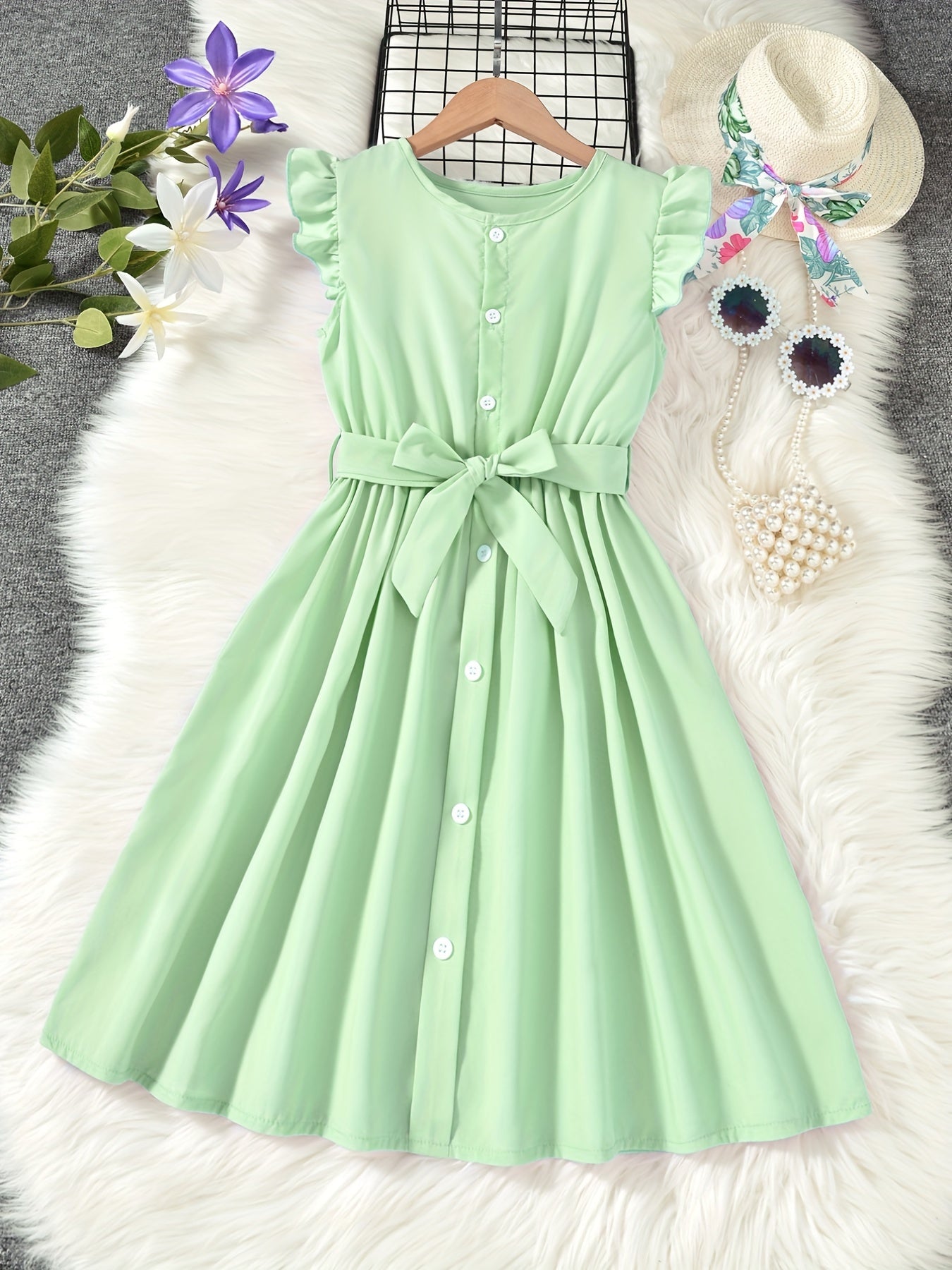 Girls Ruffled Sleeveless Dress with Bow Belt
