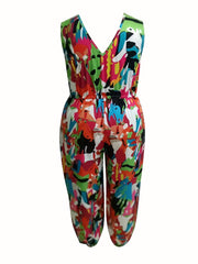 Plus Size Casual Tank Jumpsuit Allover Print V Neck Drawstring Tapered Leg