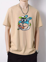 Cartoon Rabbit Print Men's Cotton Graphic Crew Neck Active T shirt