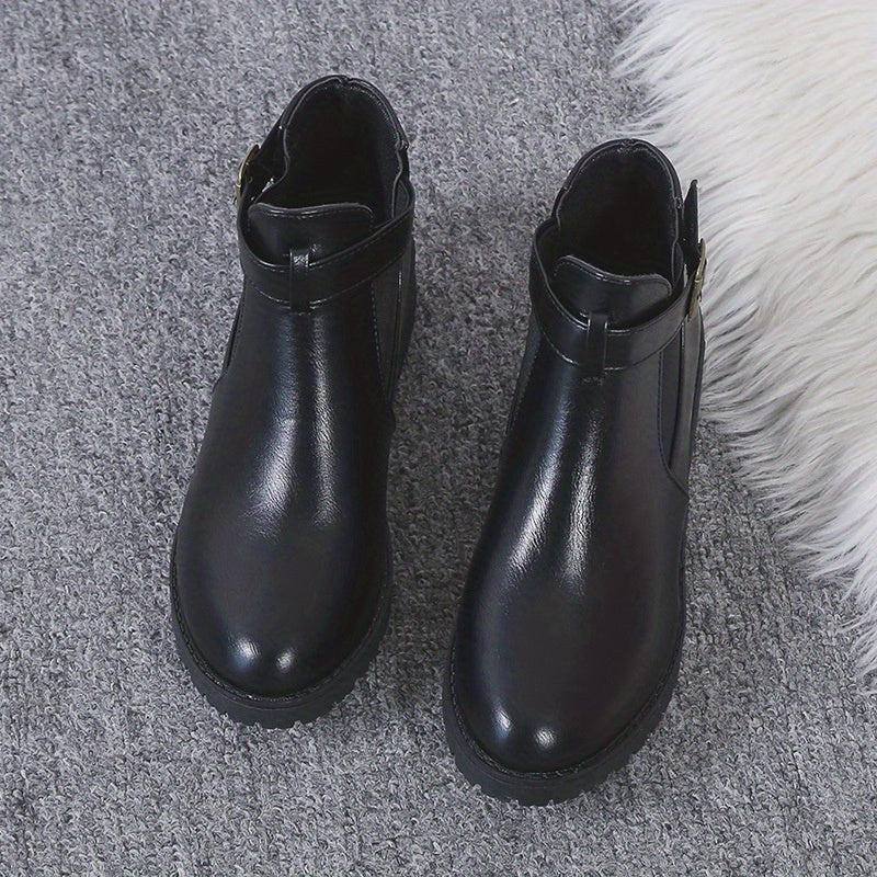 Solid Chunky Heel Boots Buckle Strap Short Boots Comfortable