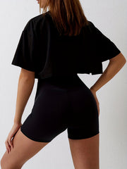 Women's Solid Short Casual Sports Cropped T Shirt Loose Round Neck Workout Top