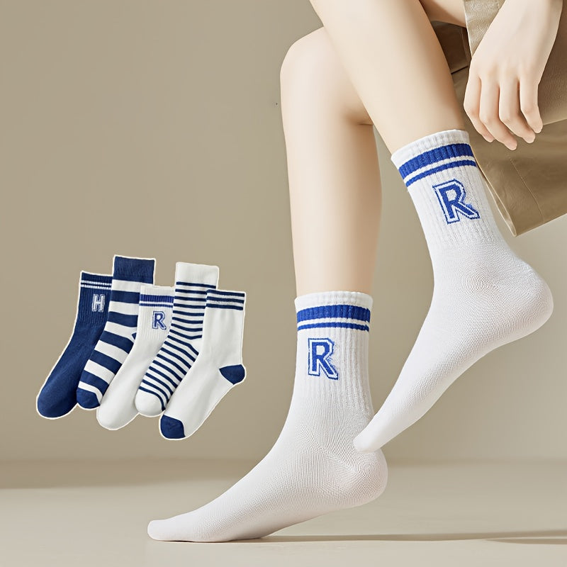 5 Pairs Letter & Striped Print Socks, Comfy & Breathable Mid Tube Socks
