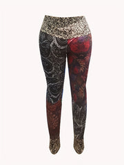 Colorblock Floral Print Leggings High Stretch Slimming Leggings