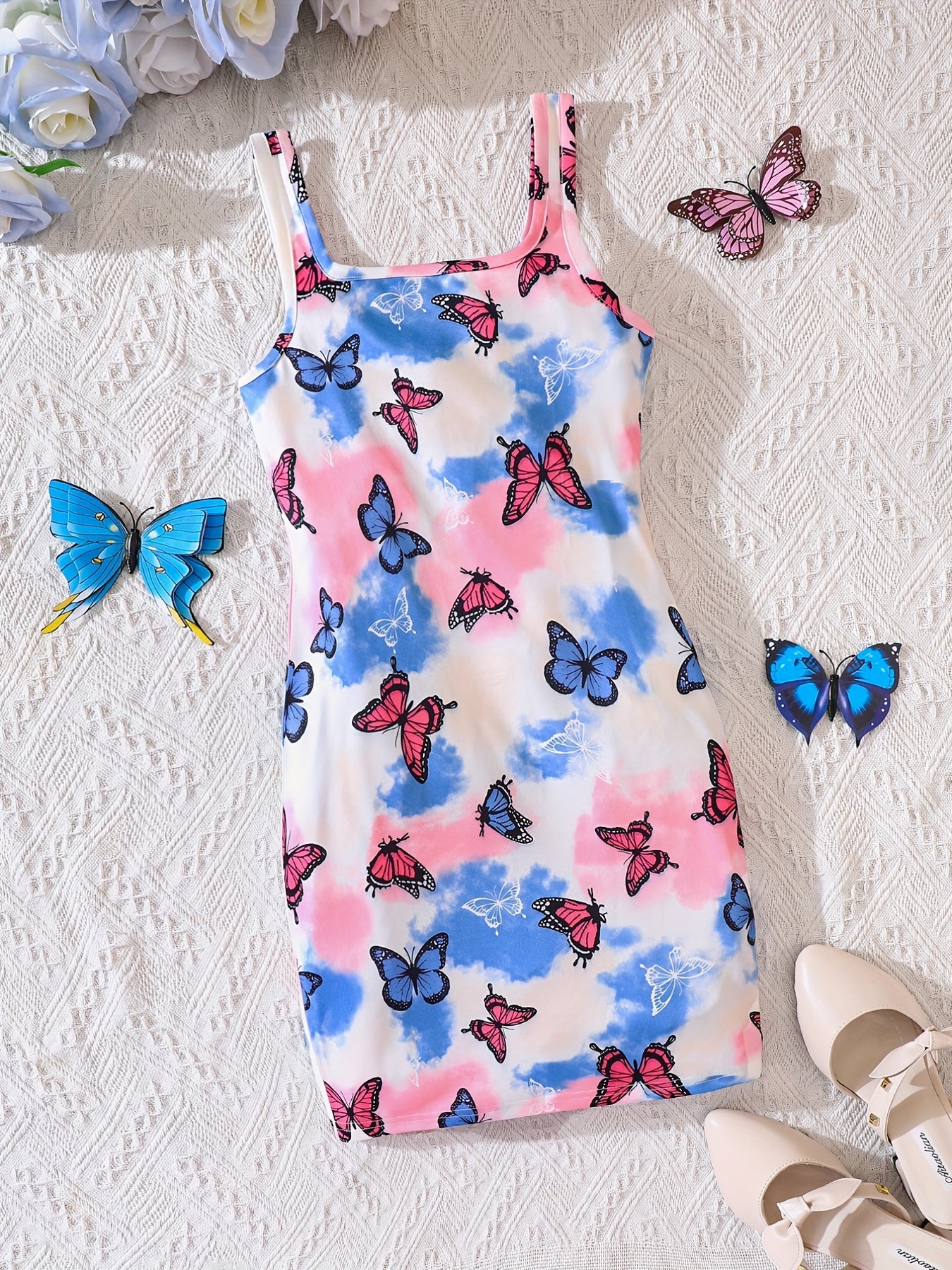 Butterfly Print Square Neck Bodycon Cami Dress for Summer