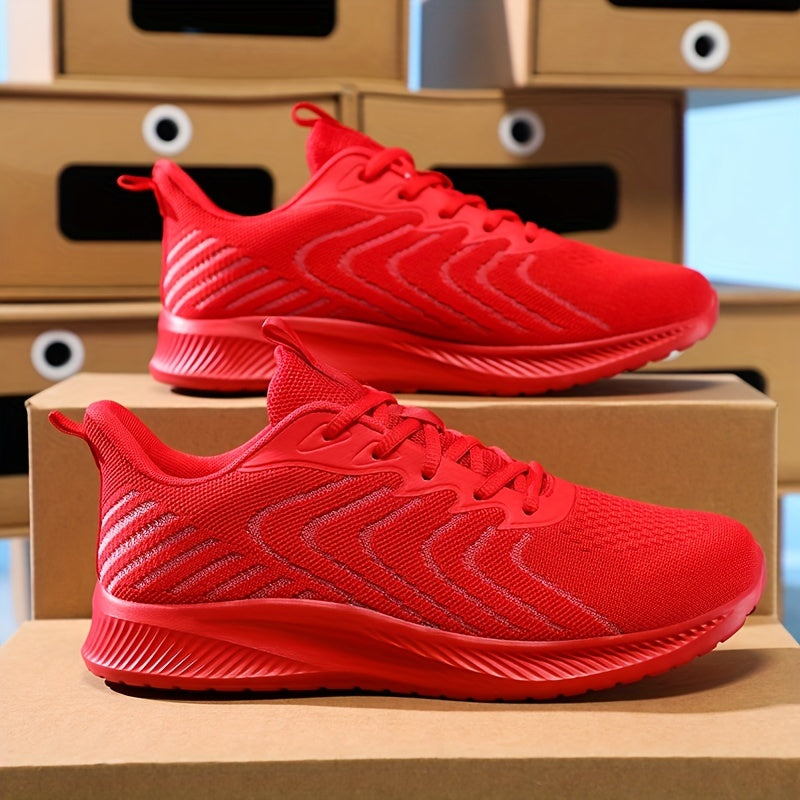 Red Knit Breathable Sneakers Lace Up Outdoor Walking Shoes