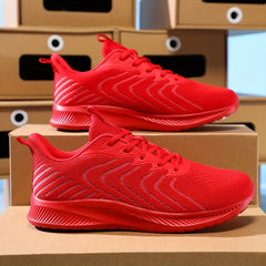 Red Knit Breathable Sneakers Lace Up Outdoor Walking Shoes