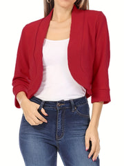 Solid Cropped Blazer Open Front 3/4 Sleeve Work Office Outerwear
