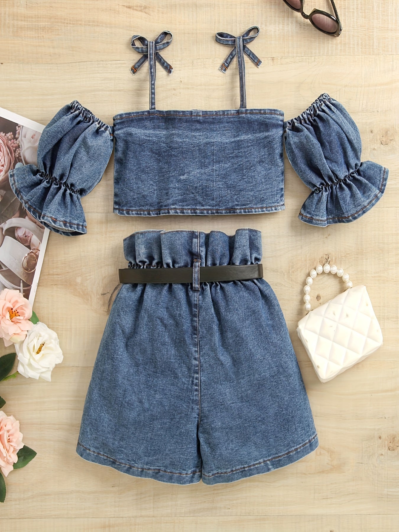 2pcs Toddler Girls Button Crop Top & Shorts Denim Set Summer Clothes