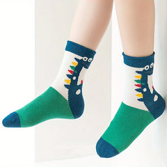 5 Pairs Boy's Dinosaur Cartoon Crew Socks Breathable Comfy Casual Style Unisex