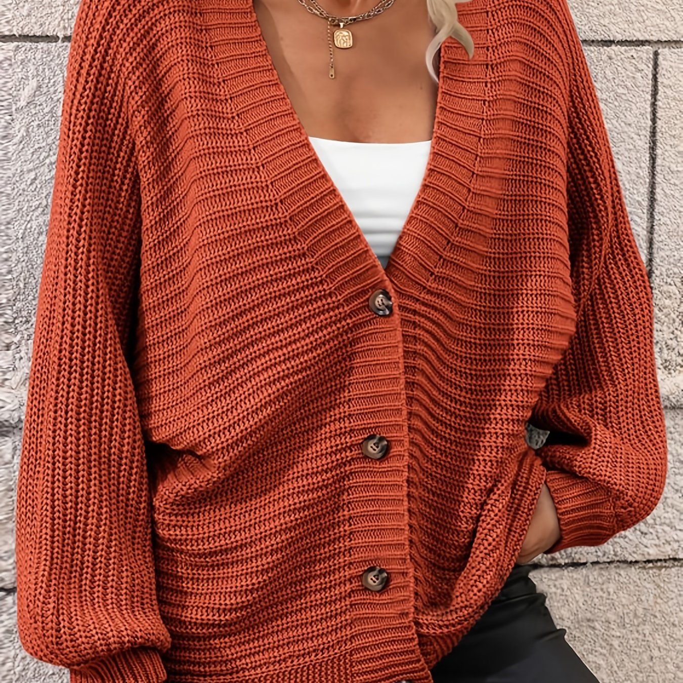 Solid Button Up Lantern Sleeve V Neck Cardigan