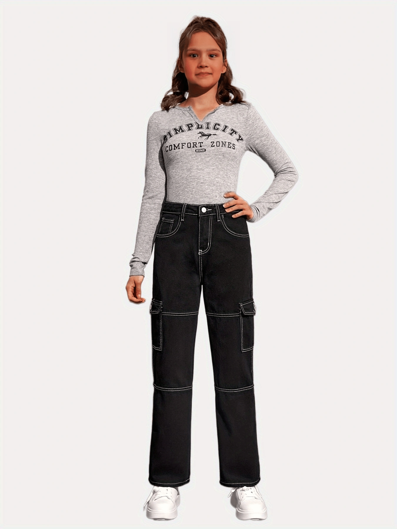 Cargo Jeans with Flap Pockets Zipper Button Closure
