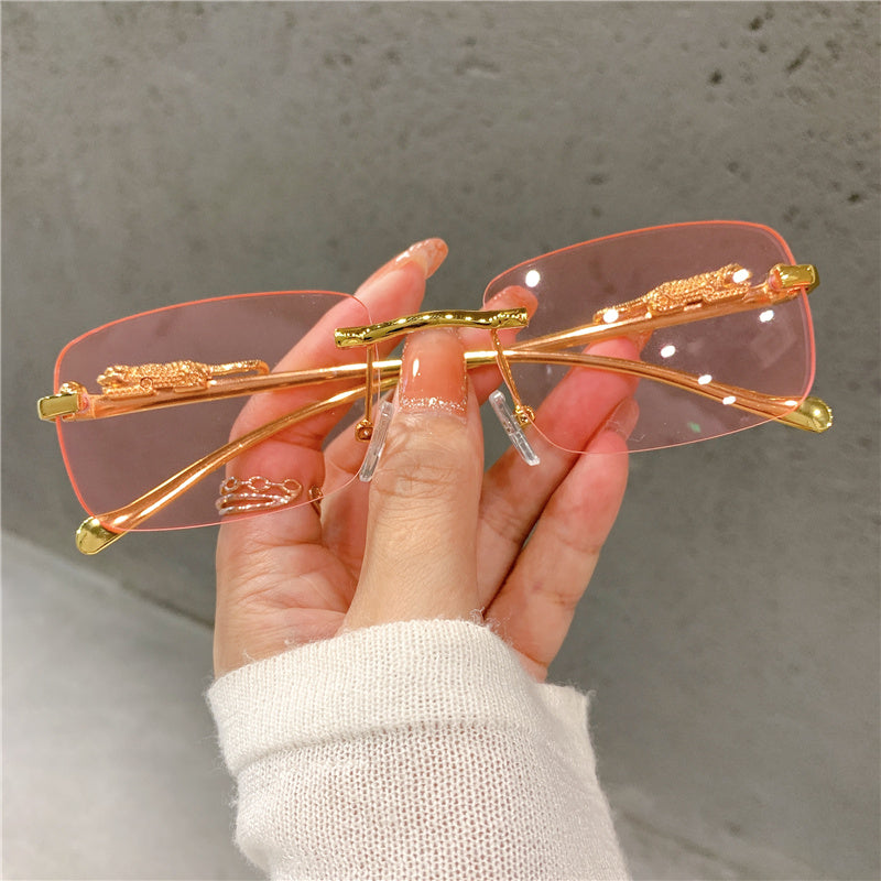 Vintage Rimless Cut Edge Sunglasses Golden Leopard Frame UV400
