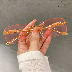 Vintage Rimless Cut Edge Sunglasses Golden Leopard Frame UV400