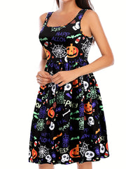 Halloween Casual Dress Women's Plus Pumpkin & Skull Print Tank Dress