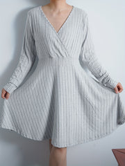 Solid Long Sleeve Surplice Neck Ribbed Knit Sweater Dress