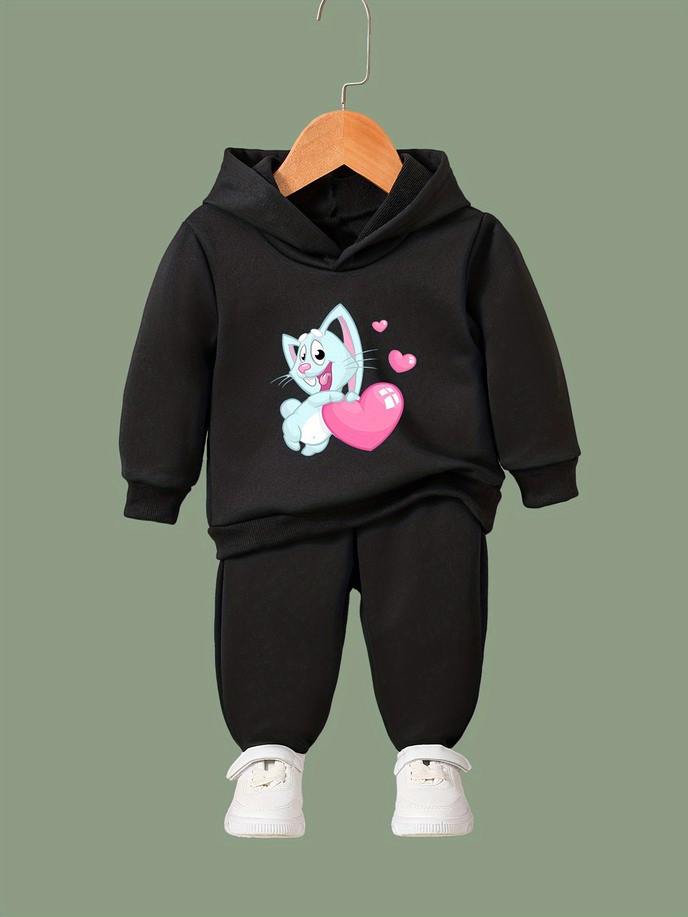 Girls 2pcs Cat & Heart Pattern Hooded Sweatshirt & Sweatpants Set