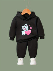 Girls 2pcs Cat & Heart Pattern Hooded Sweatshirt & Sweatpants Set