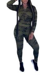 Camo Print Casual Two piece Set Zipper Long Sleeve Tops & Long Length Pants