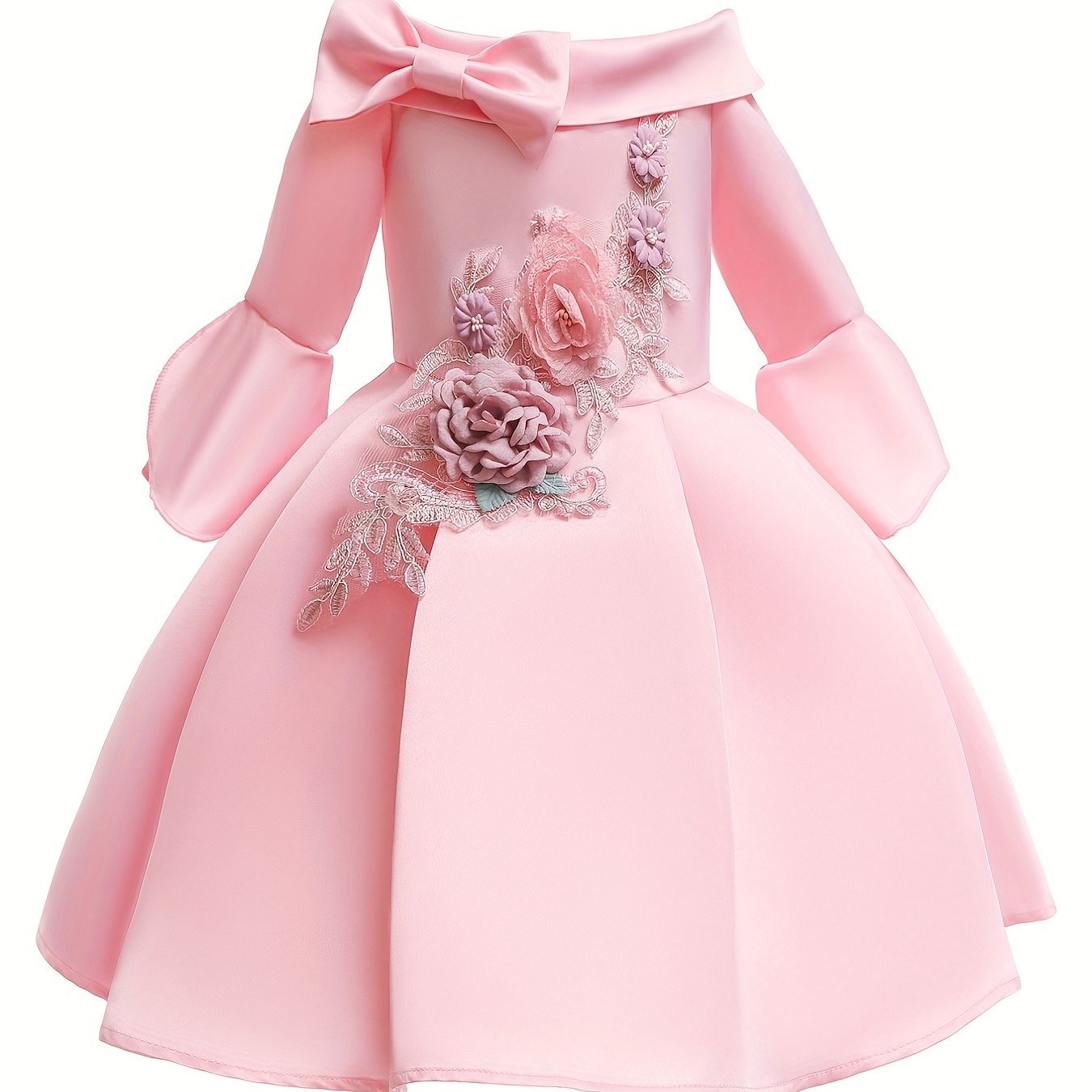 Girls Flower Embroidered Dress Gown One Shoulder Pink