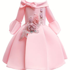 Girls Flower Embroidered Dress Gown One Shoulder Pink