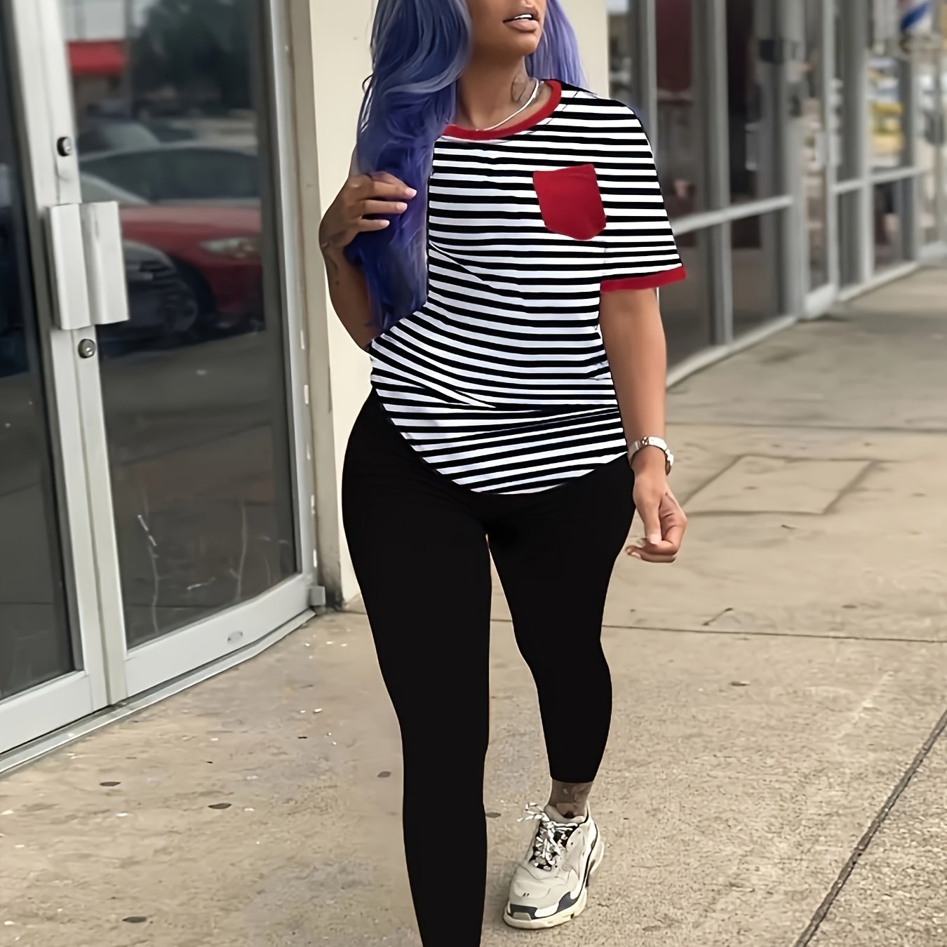 Striped Print Short Sleeve Tops & Solid Slim Pants Set