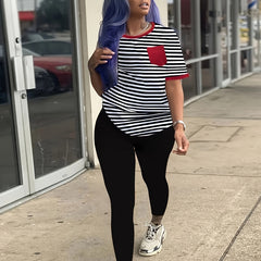 Striped Print Short Sleeve Tops & Solid Slim Pants Set